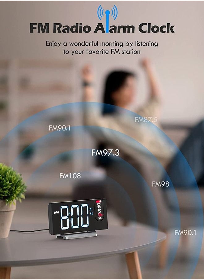 Draxon - Alarm Clock for Bedroom, Multifunctional Clock with FM Radio & Projection, 0-100% Dimmer & Radio Volume, Curved Screen, Dual Alarms, USB Charger, Crystal Digital led Display, Non-slip (White - Image 1
