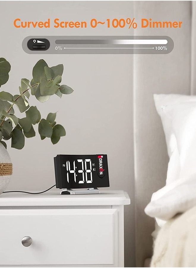 Draxon - Alarm Clock for Bedroom, Multifunctional Clock with FM Radio & Projection, 0-100% Dimmer & Radio Volume, Curved Screen, Dual Alarms, USB Charger, Crystal Digital led Display, Non-slip (White - Image 1