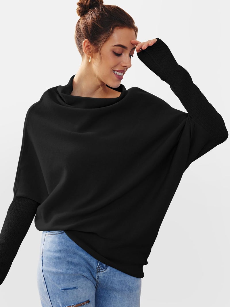 LILLUSORY Womens Batwing Oversized Sweaters Assymetrical Off The Shoulder Boat Neck Wrap Tunic Tops Fall Black Small - Image 5