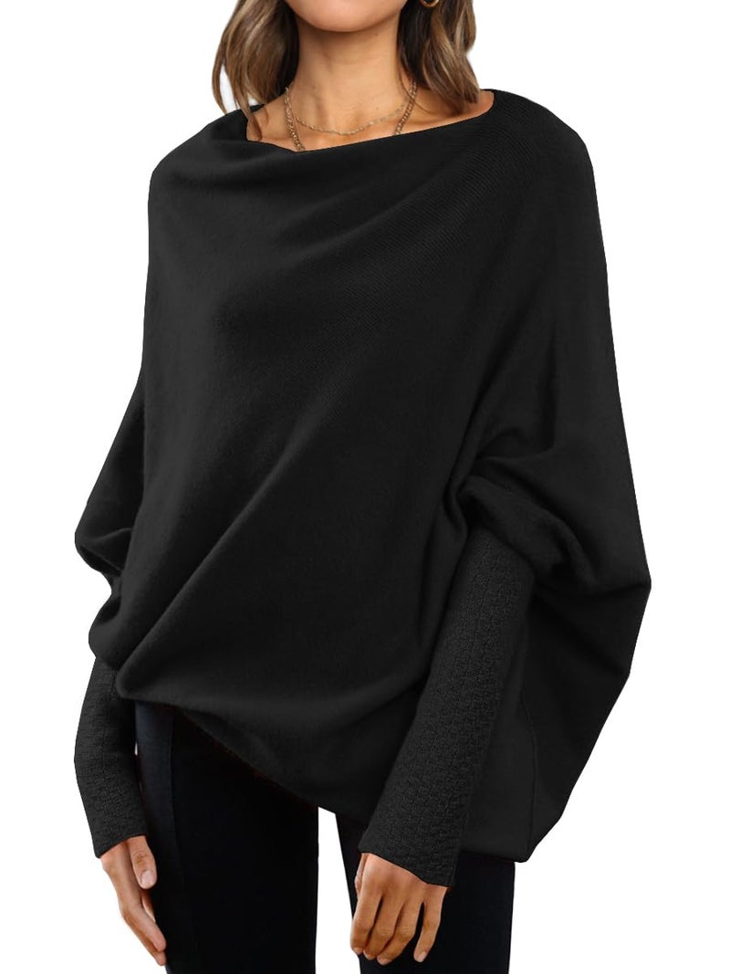 LILLUSORY Womens Batwing Oversized Sweaters Assymetrical Off The Shoulder Boat Neck Wrap Tunic Tops Fall Black Small - Image 1