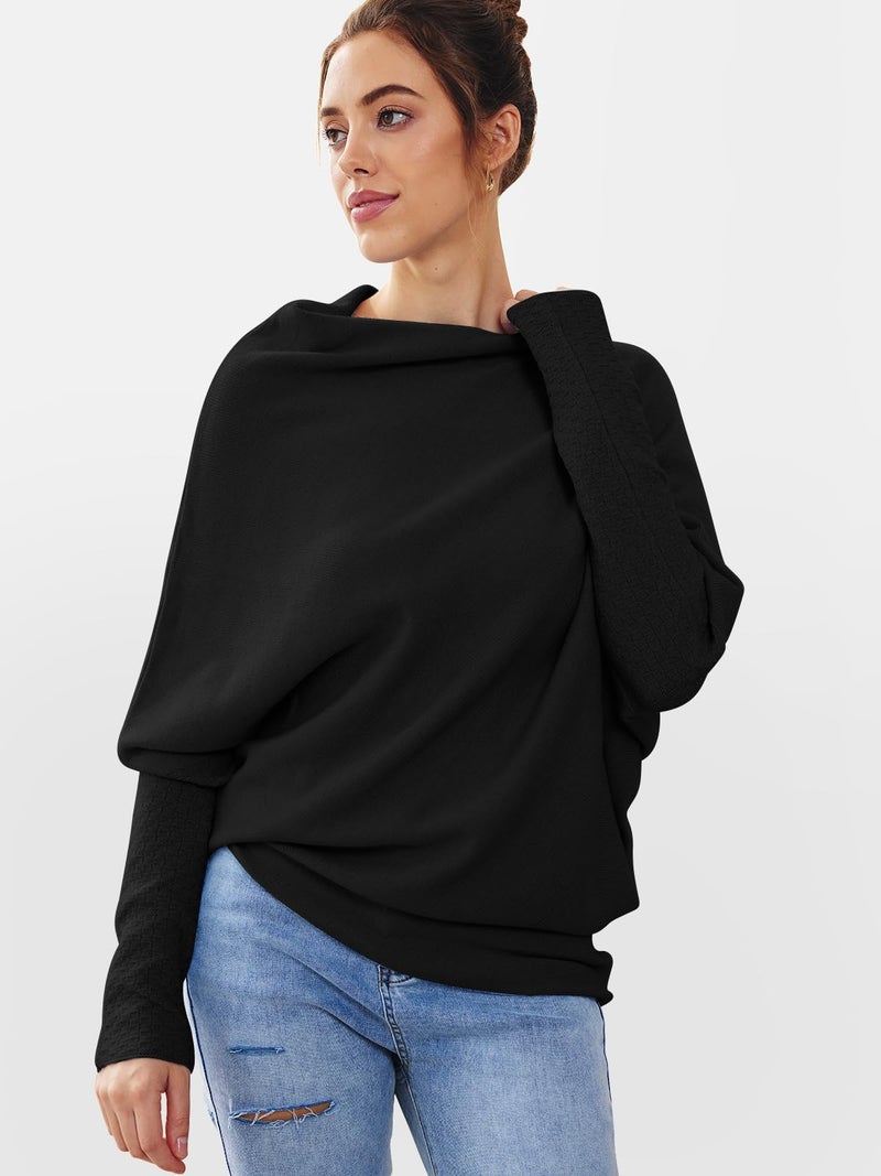 LILLUSORY Womens Batwing Oversized Sweaters Assymetrical Off The Shoulder Boat Neck Wrap Tunic Tops Fall Black Small - Image 3