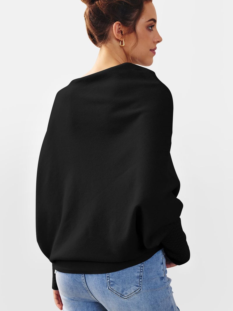 LILLUSORY Womens Batwing Oversized Sweaters Assymetrical Off The Shoulder Boat Neck Wrap Tunic Tops Fall Black Small - Image 4