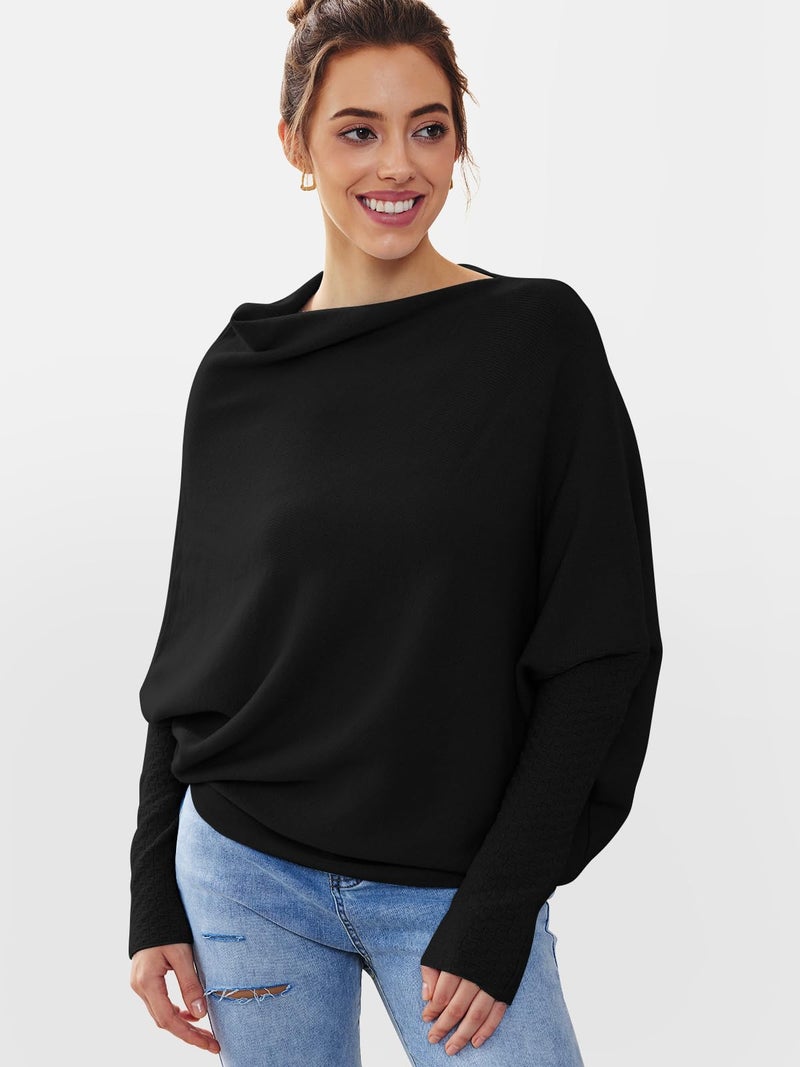 LILLUSORY Womens Batwing Oversized Sweaters Assymetrical Off The Shoulder Boat Neck Wrap Tunic Tops Fall Black Small - Image 2