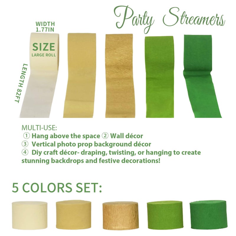 Kiwayo Baby Shower Decorations, Crepe Paper Streamers Green Gold Party Decorations(5 Rolls) for Camp Bachelorette, Bridal Shower,Engagement- Jungle Woodland Safari Princess Lion Dinosaur Theme Birthday Decor - Image 4