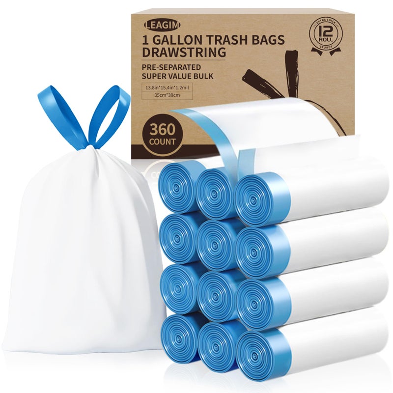 LEAGIM Small Trash Bags 1 Gallon, 360 Count -1.2 Mil Drawstring Mini Garbage Bags, White Plastic Trash Can Liners for Bathroom Accessories, 4 Liter, Bedroom, Dorm Room Essentials, Office - Image 1