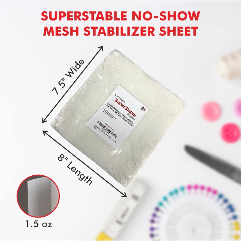 Superpunch Invisible No-Show Mesh Stabilizer, 1.5 oz Cutaway for Embroidery Machines-100 Precut Sheets 7.5inch x 8inch, SuperStable Lightweight Cut Away Machine Stabilizers Backing Made in USA(White) - Image 2