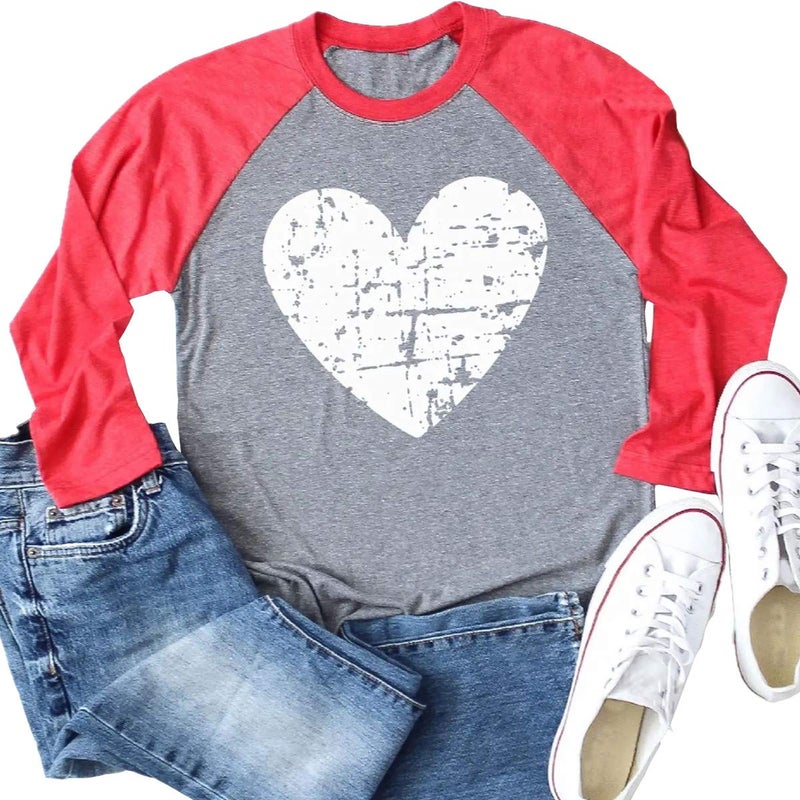Beopjesk Womens Love Heart Raglans T-Shirts Casual Long Sleeve Valentine's Day Graphic Tees Tops(L, Red 1) - Image 4