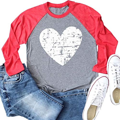Beopjesk Womens Love Heart Raglans T-Shirts Casual Long Sleeve Valentine's Day Graphic Tees Tops(L, Red 1) - Image 1