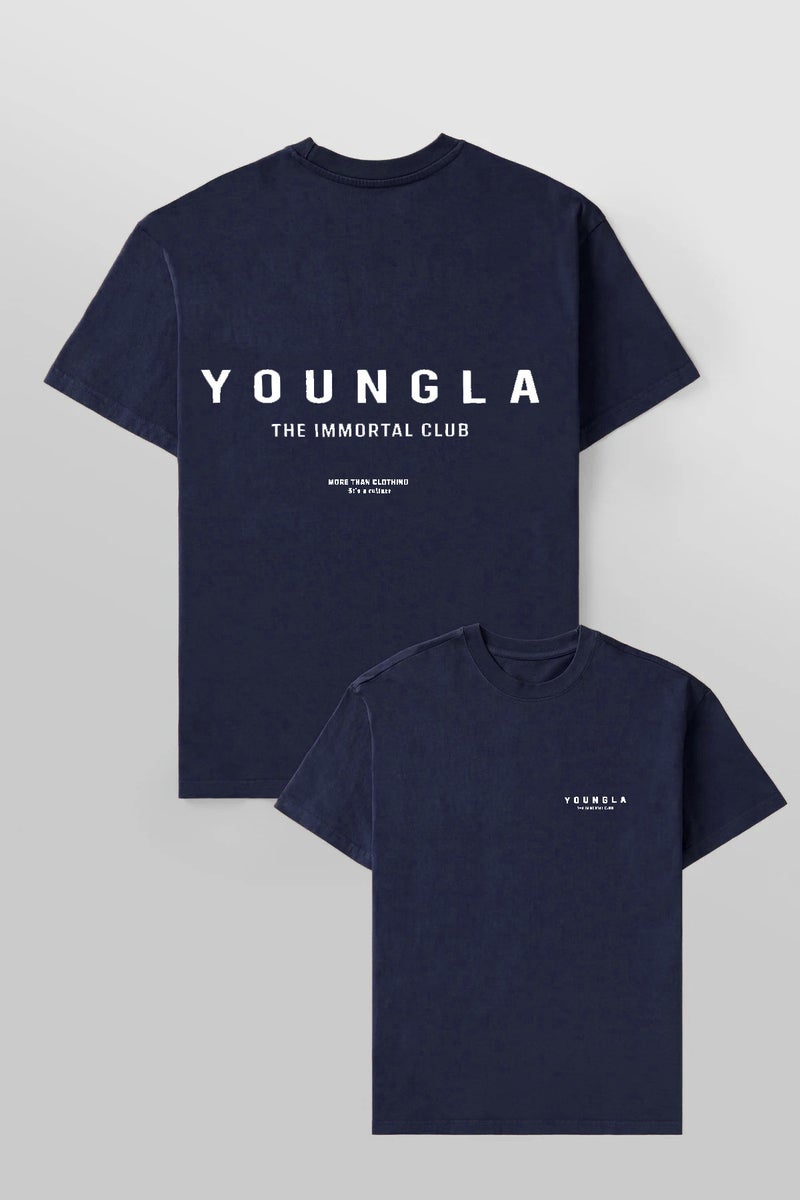 YOUNGLA Mens Oversized Gym T-Shirt Cotton Crewneck Workout Tee Navy blue
