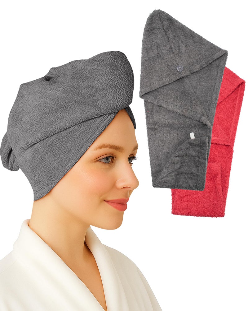 Textila Stores Textila 100% Cotton Hair Wrap Towels for Women (Pack of 2, Raspberry & Grey) â€“ Soft & Absorbent Turban Towels for Long, Curly, Frizz-Prone Hair - Image 1