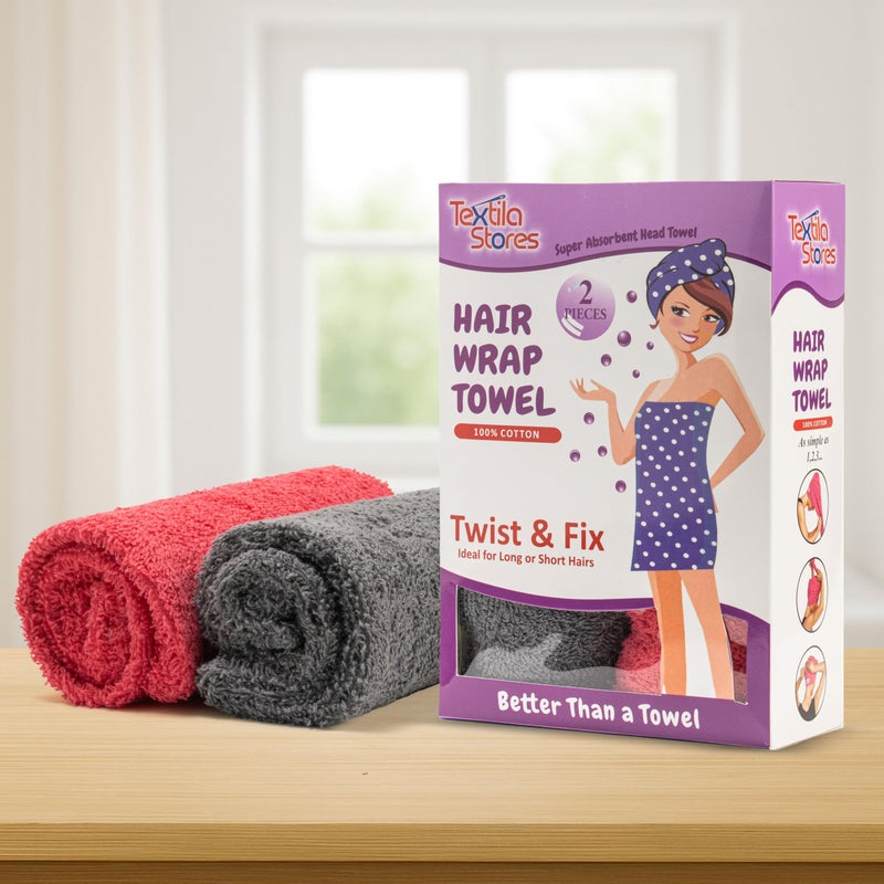 Textila Stores Textila 100% Cotton Hair Wrap Towels for Women (Pack of 2, Raspberry & Grey) â€“ Soft & Absorbent Turban Towels for Long, Curly, Frizz-Prone Hair - Image 2
