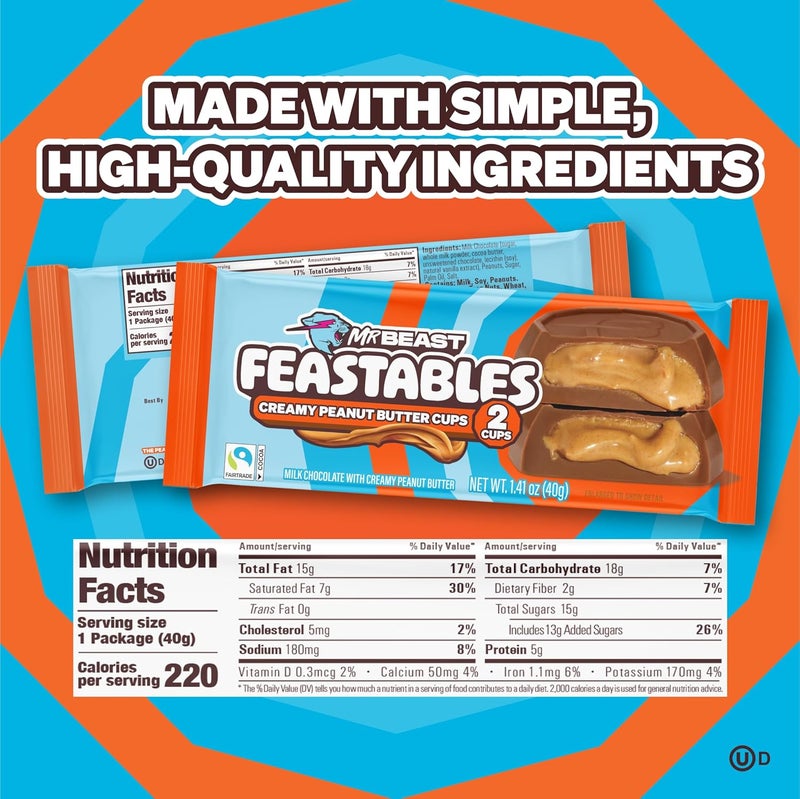 FEASTABLES Creamy Peanut Butter Cups - 24 Count (40g Each) of Rich Milk Chocolate with Natural Peanut Butter - Image 2