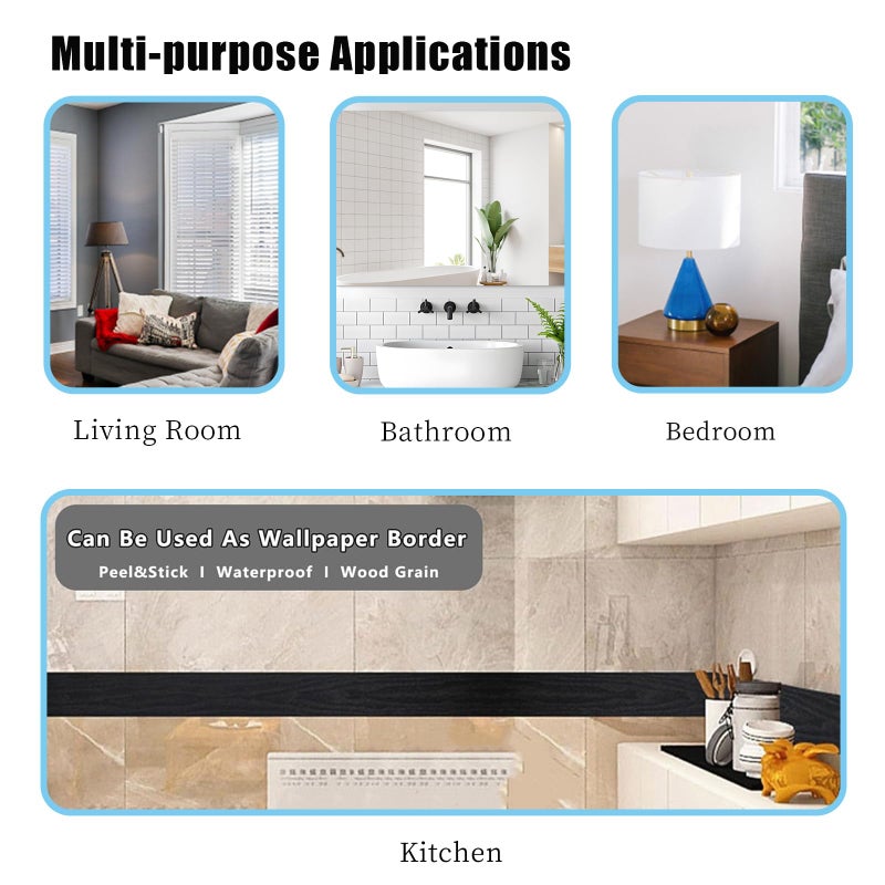 Teemall 10M Black Wood Grain Removable PVC Waterproof Border Wall Decor Removable Self Adhesive Kitchen Bathroom Tiles Sticker Wallpaper 4.2x390 (Black, 4" x 390") - Image 5