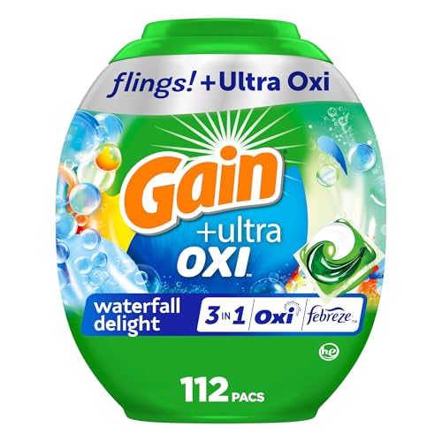 Gain flings Ultra Oxi Laundry Detergent Pacs, 112 Count, Waterfall Delight Scent, 3-in-1, HE Compatible - Image 1