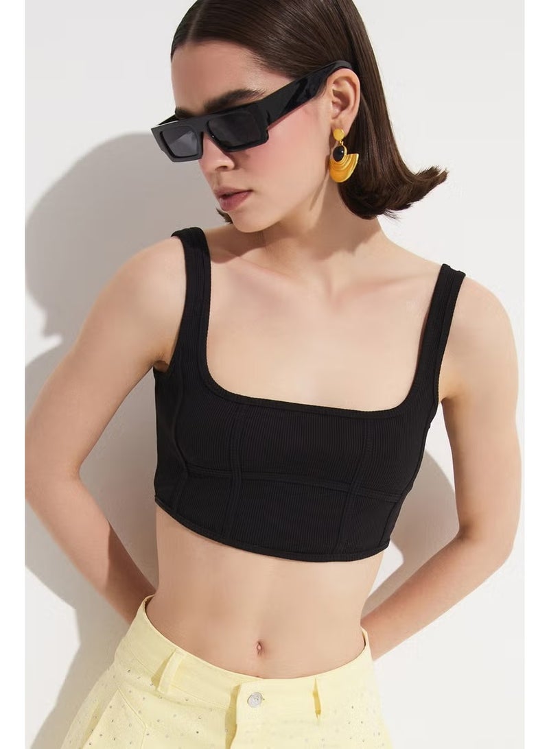 JUNE Women's Body-fitting Stitching Detailed Camisole Crop Top Blouse - Image 1