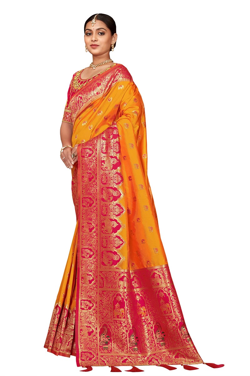 MANOHARI Women's Traditional Jacquard Work Yellow Banarasi Silk Woven Pattern Most Trendy Saree with Unstitch Blouse Piece - Image 2