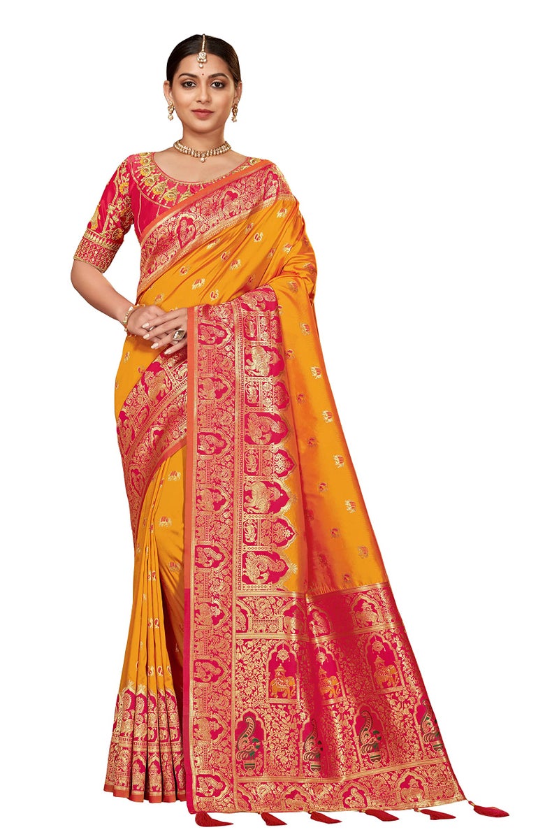 MANOHARI Women's Traditional Jacquard Work Yellow Banarasi Silk Woven Pattern Most Trendy Saree with Unstitch Blouse Piece - Image 1
