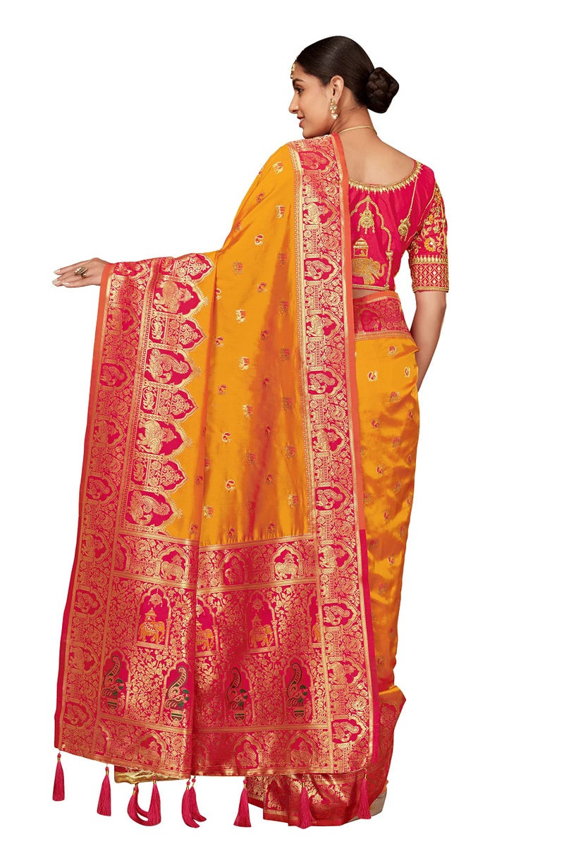 MANOHARI Women's Traditional Jacquard Work Yellow Banarasi Silk Woven Pattern Most Trendy Saree with Unstitch Blouse Piece - Image 3
