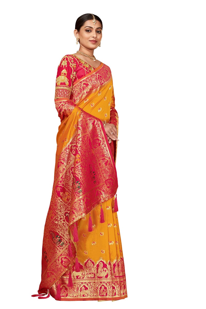 MANOHARI Women's Traditional Jacquard Work Yellow Banarasi Silk Woven Pattern Most Trendy Saree with Unstitch Blouse Piece - Image 4