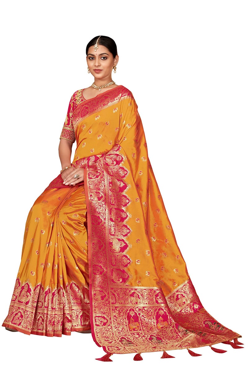 MANOHARI Women's Traditional Jacquard Work Yellow Banarasi Silk Woven Pattern Most Trendy Saree with Unstitch Blouse Piece - Image 5