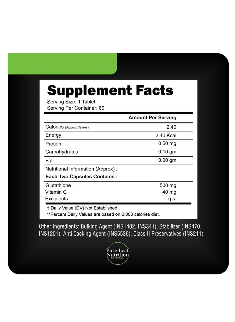 Pure leaf Nutrition Glutathione 500mg With Vitamin C 60 Tablets | Dark Spot Treatment & Skin Whitening Pills  - Image 2
