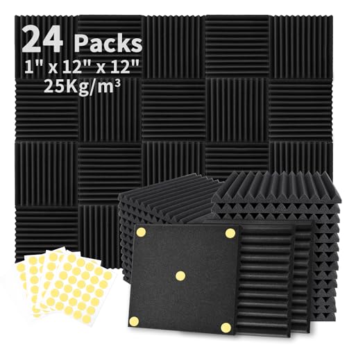 Focusound 24 Pack Acoustic Foam Panels 1" x 12" x 12" Sound Proof Foam Panles Soundproofing Noise Cancelling Wedge Panels for Home Office Recoding Studio with 240PCS Double-Side Adhesive - Image 1