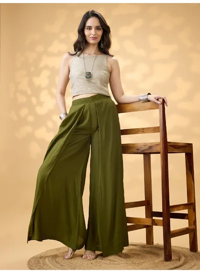 globus Women Olive Solid High Rise Pleated Wide Leg Flared Fusion Trousers