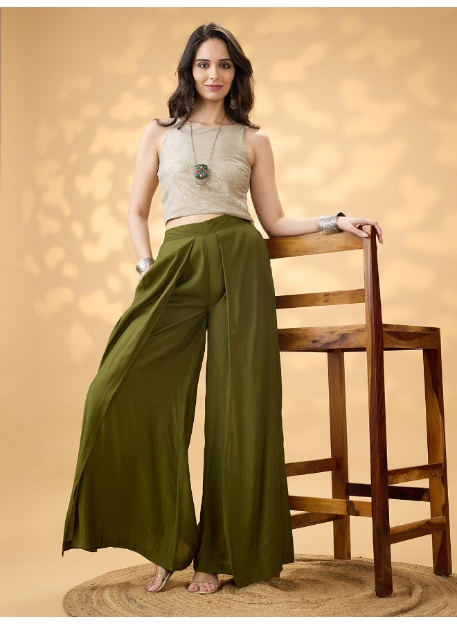 globus Women Olive Solid High Rise Pleated Wide Leg Flared Fusion Trousers - Image 1