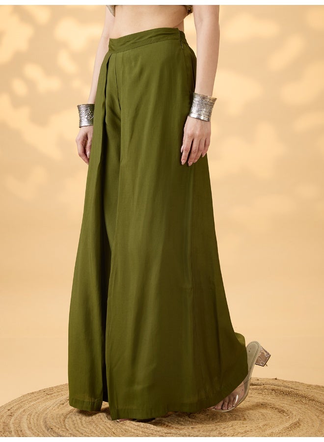 globus Women Olive Solid High Rise Pleated Wide Leg Flared Fusion Trousers - Image 3