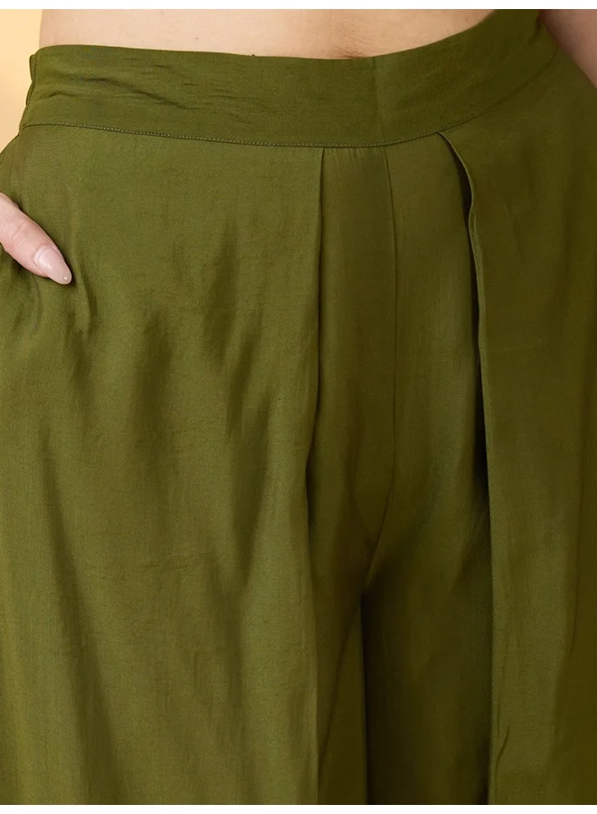 globus Women Olive Solid High Rise Pleated Wide Leg Flared Fusion Trousers