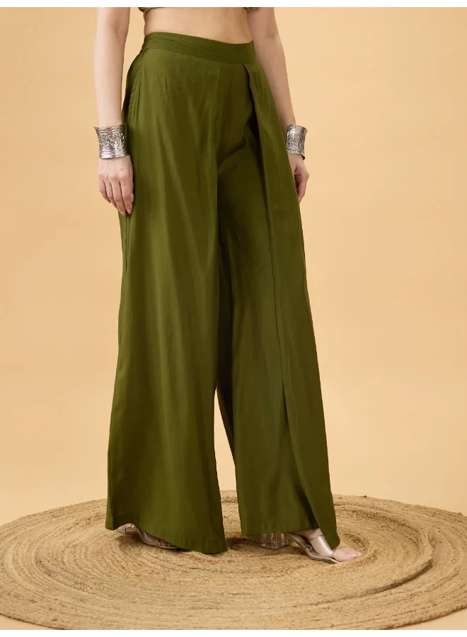 globus Women Olive Solid High Rise Pleated Wide Leg Flared Fusion Trousers