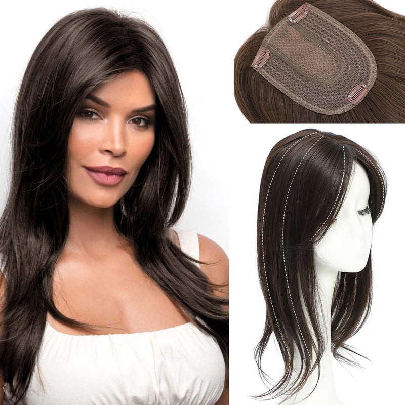 UDU Hair Toppers for Women with Thinning Hair Synthetic Hair Toppers Hair Pieces for Women Ladies Dark Brown Highlights Mutilayer Long Straight Wavy Clip in Wiglets with Fringe bangs