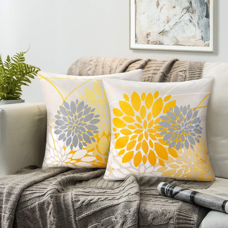 RYBornament Set of 2 Pillow Case Yellow Cushion Cover Sofa Throws Covers Doublesided Geometric Floral Pattern Cushion Covers 45 X 45 Bright Linen Pillow Covers For Home Office Car Cushions Decor