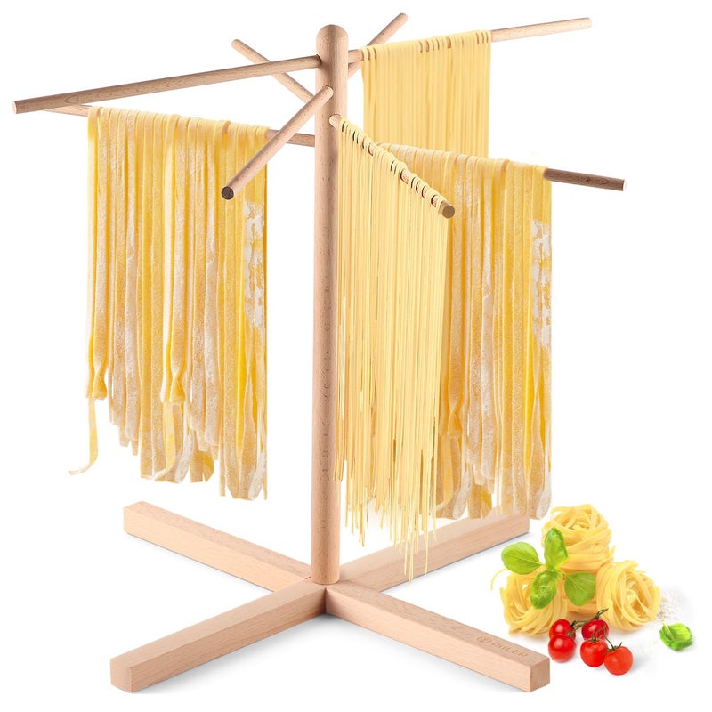 iSiLER Natural Beech Wood Pasta Drying Rack with 8 Branches Easy to Transfer for Drying Pasta and Spaghetti Special Suspension Design for Storage