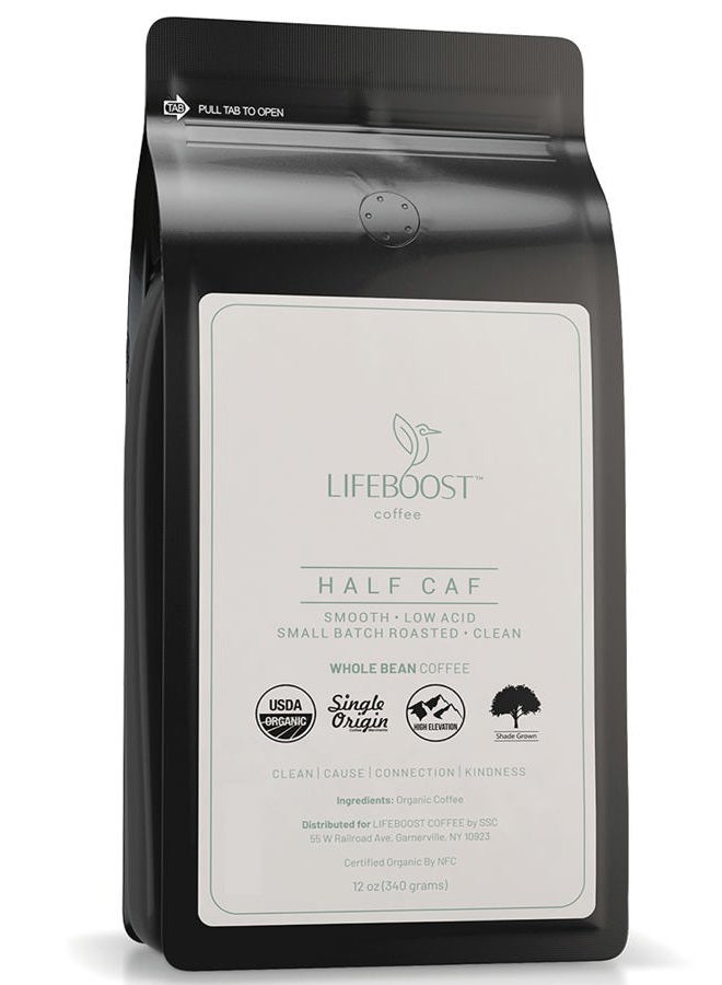Lifeboost Half Caff Whole Bean Coffee - Non-GMO Low Acid Single Origin USDA Organic Coffee - Third Party Tested For Mycotoxins & Pesticides - 12 Ounces - Image 1