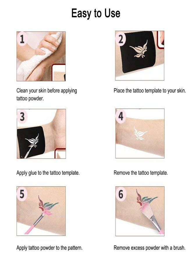 Glitter Powder Kit 24 Bottles Fine Glitter Powder with Glue Brushes Stencils for Tattoo Body Art Party Makeup Face & Nail Art Temporary Tattoo Powder Cosmetic Loose Glitter Set - Image 5