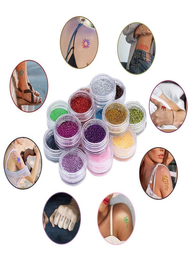 Glitter Powder Kit 24 Bottles Fine Glitter Powder with Glue Brushes Stencils for Tattoo Body Art Party Makeup Face & Nail Art Temporary Tattoo Powder Cosmetic Loose Glitter Set - Image 4
