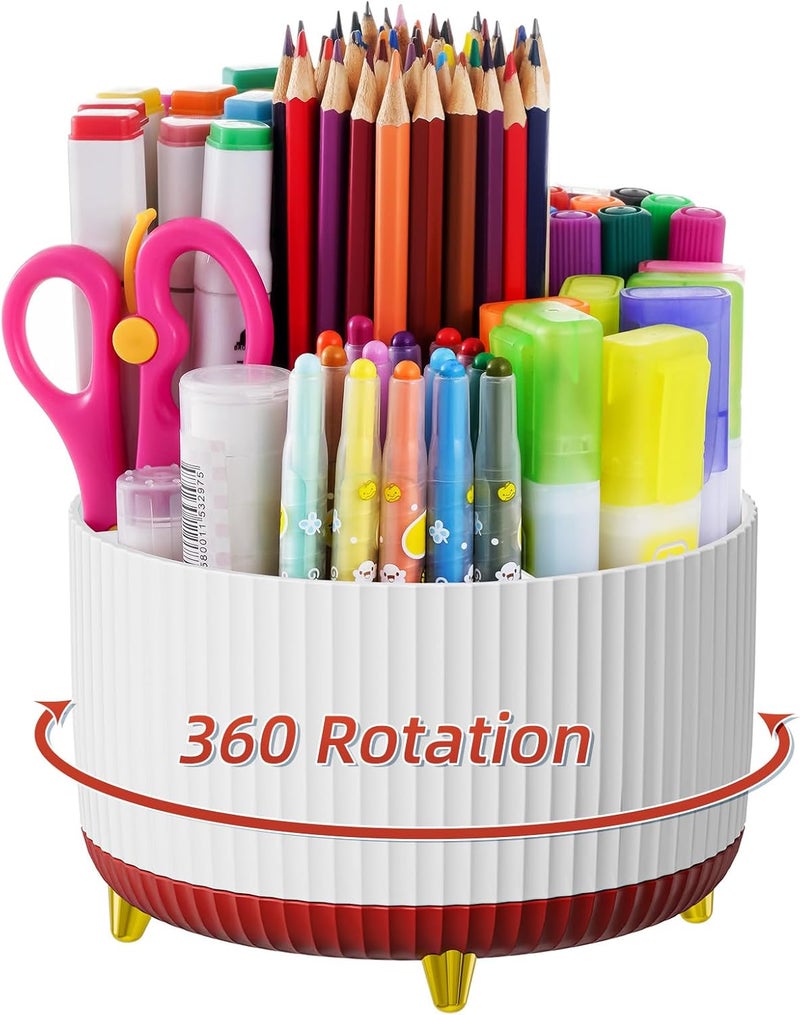 ماربراس منظم مكتب ماربراس، حامل أقلام دوار 360 درجة، منظمات مكتب وملحقات مع 5 حجرات لحامل الأقلام، صندوق تخزين مستلزمات الفنون للمكتب والمنزل (أبيض+أحمر) - Image 1