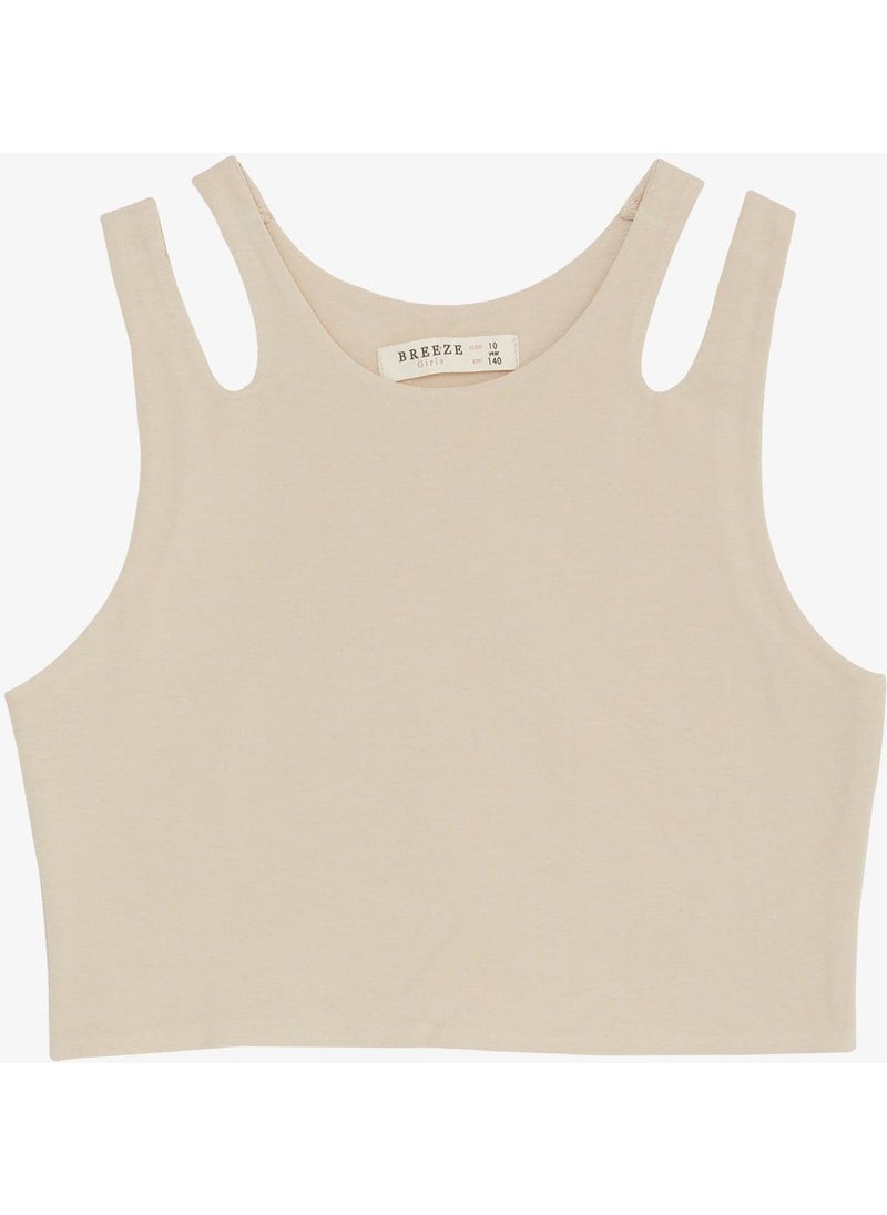 Breeze - Girls Crop T-Shirt Double Strap Shoulder Detail 9-16 Years, Beige - Image 1