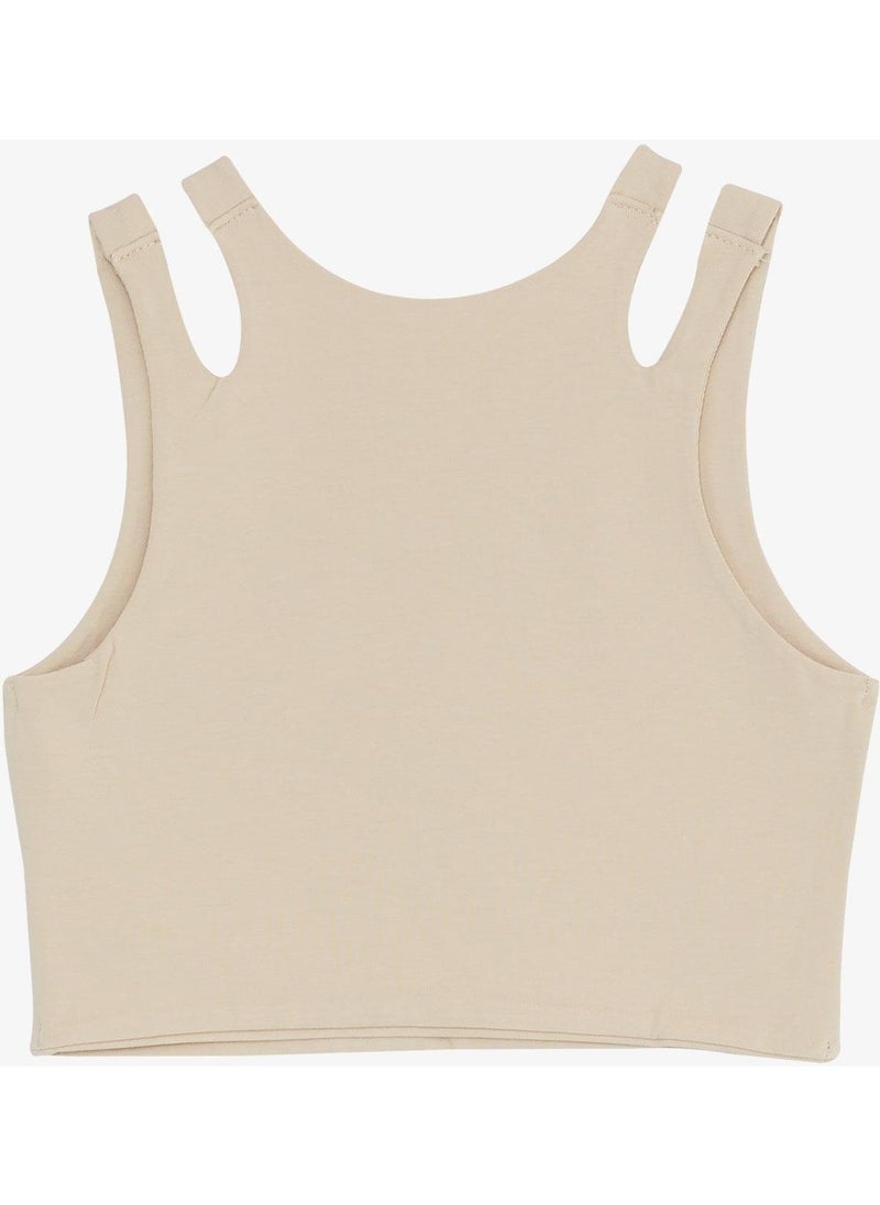 Breeze - Girls Crop T-Shirt Double Strap Shoulder Detail 9-16 Years, Beige - Image 1