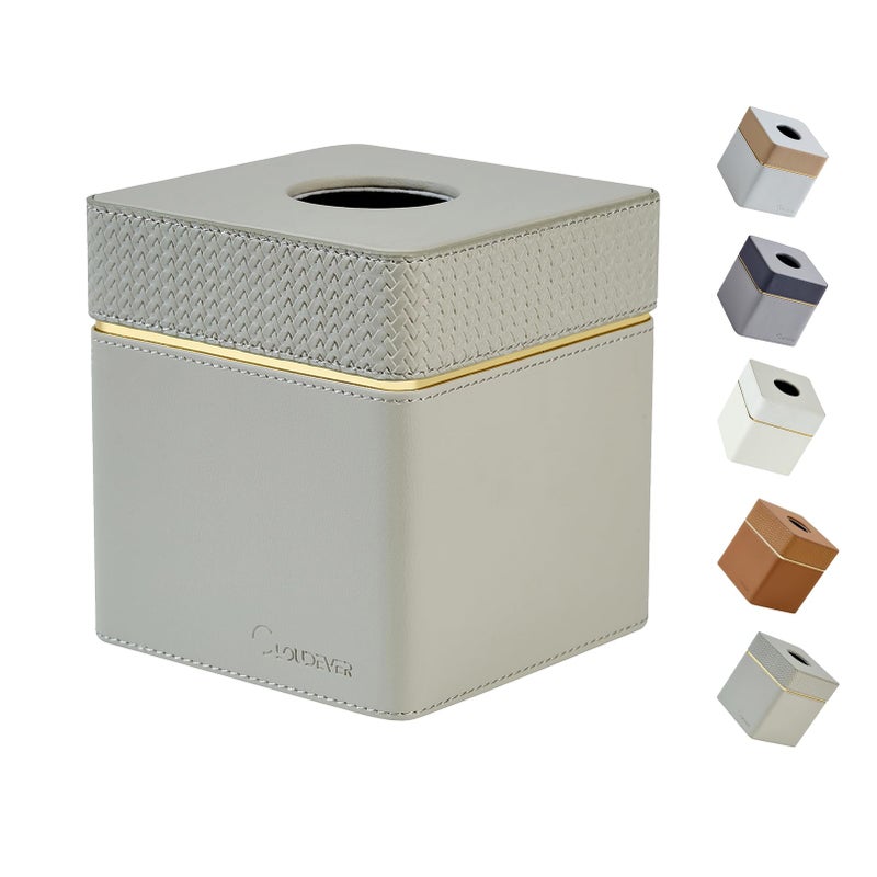 Cloudever Tissue Box Holder Cover Square Modern PU Leather Decorative Tissue Cube Holder Organizer  Woven Pattern Grey