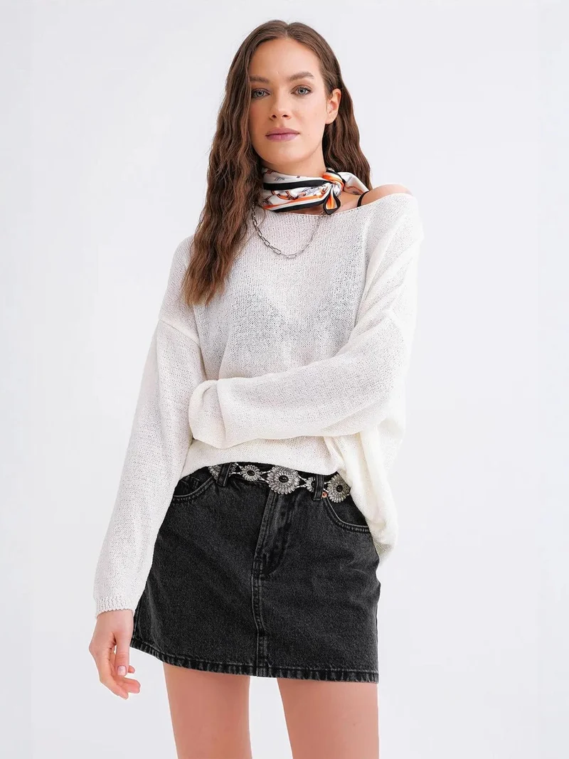 Mixray White MIXRAY Oversized Boat Neck Knit Sweater for Women | Best Price UAE