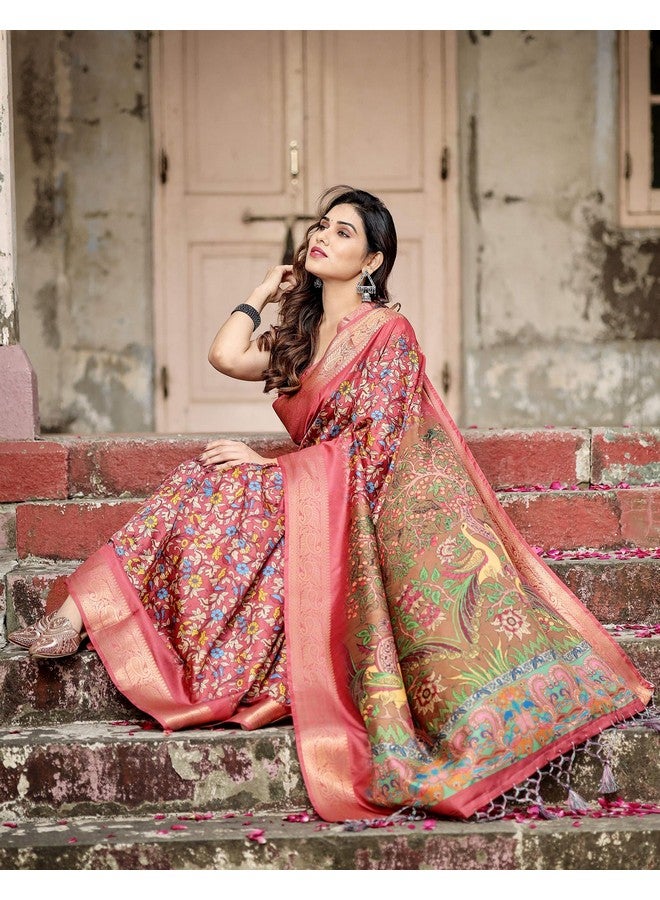 SIRIL ساري سيريلي من حرير توسر مزخرف بكالامكاري مع قطعة بلوزة غير مخيطة (4294S261_وردي خوخي وبني) - Image 3