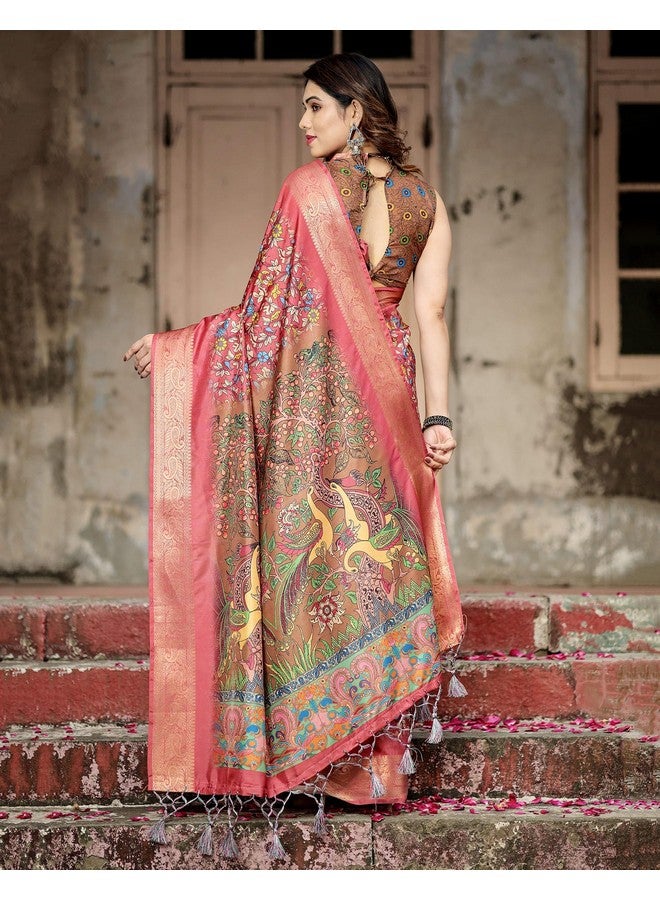 SIRIL ساري سيريلي من حرير توسر مزخرف بكالامكاري مع قطعة بلوزة غير مخيطة (4294S261_وردي خوخي وبني) - Image 2