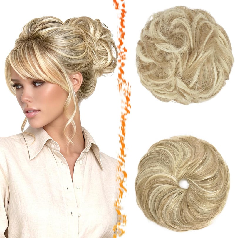 BARSDAR 2 PCS Messy Bun Hair Pieces, Elastic Blonde Messy Hair Bun Scrunchies Extensions for Women Synthetic Thick Fluffy Updo Chignons Hairpieces - Light Ash Brown & Bleach Blonde - Image 1