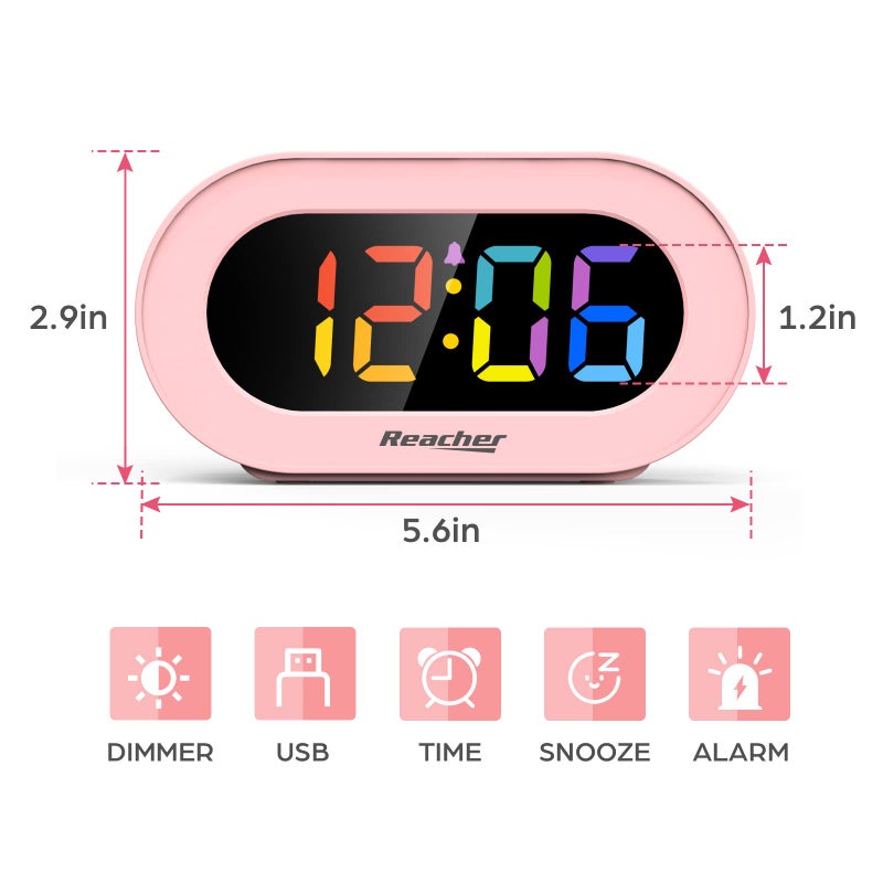 REACHER Pink Girls Alarm Clock, Dimmable Colorful LED Digital Display, USB Phone Charger Port, Simple Operation for Kids, Adults, Adjustable Volume, Snooze, Small Size for Bedrooms, Bedside, Desk - Image 5