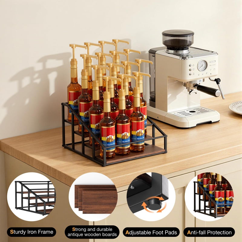 kimilus Coffee Syrup Organizer Rack, Liquor Bottle Display Shelf, 4 Tier 16 Syrup Bottles Holder Stand for Coffee Bar Kitchen Small Wine Rack for Family Storage for Syrup Wine Dressing - Image 4