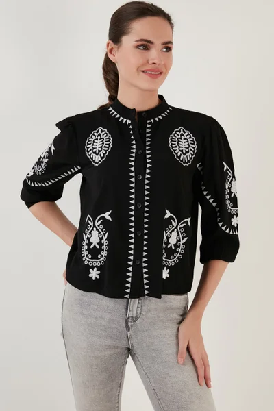 Lela Embroidered Three Quarter Sleeve Judge Collar Cotton Şile Cloth Shirt Women's Shirt 611BZ004410