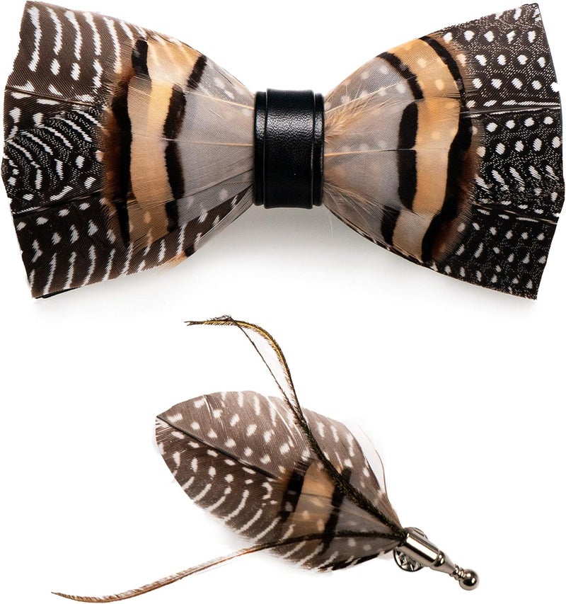 RBOCOTT Handmade Feather Pre-tied Bow tie and Brooch Sets for Men - Image 1