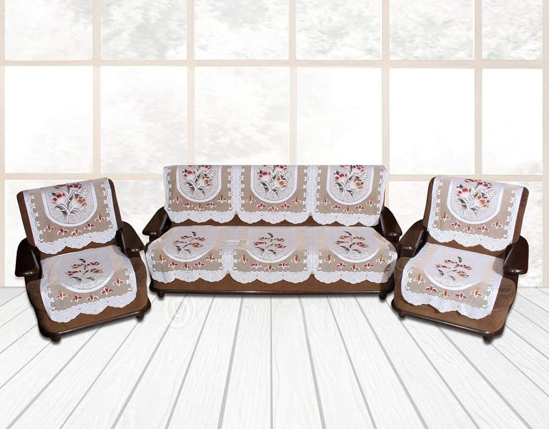 Yellow Weaves Cotton Floral Sofa Cover Set of 6 Pieces Off White 5 Seater - Image 1